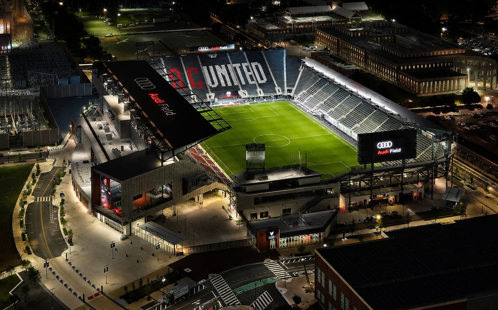 Audi Field illuminated at night in Washington, DC